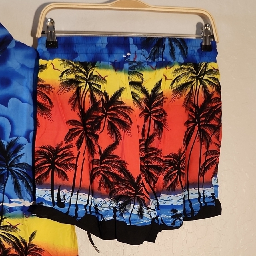 Tropical Palm Tree Button Shirt and Shorts w Pockets Set Medium - Picture 5 of 8
